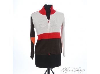 ITS WOMENS THOUGH - NEW MAN MADE IN FRANCE IVORY RED AND CHOCOLATE TRIPLE TONE KNIT FULL ZIP CARDIGAN JACKET 2