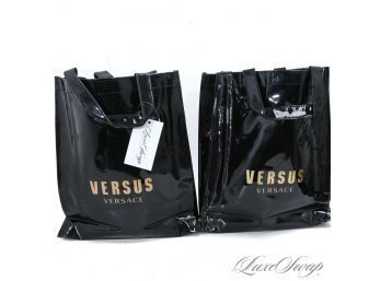 LOT OF 2 BRAND NEW WITHOUT TAGS VERSUS VERSACE BLACK PATENT LEATHER GOLD SPELLOUT LOGO MAGAZINE TOTE BAGS