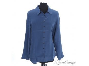 BRAND NEW WITH TAGS UNWORN WOMENS PURE 100 PERCENT SILK WASHED OCEAN BLUE BUTTON DOWN SHIRT MODERN! 14/16