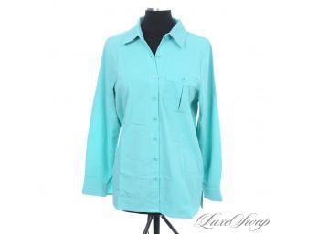 BRAND NEW WITH TAGS NORM THOMPSON TIFFANY BLUE STRETCH MICROFIBER WOMENS BUTTON DOWN SHIRT L
