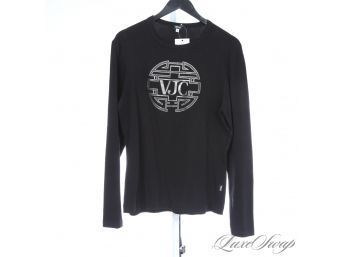 AUTHENTIC VERSACE JEANS COUTURE BLACK STRETCH COTTON LONGSLEEVE TEE SHIRT WITH GLITTER CHINOSERIE LOGO S