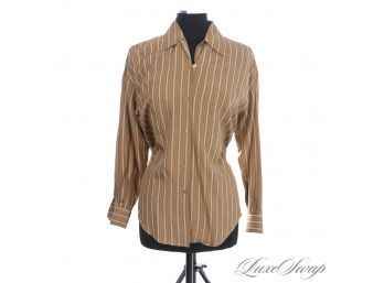 LOT OF 2 WOMENS 100 PERCENT PURE SILK SHIRTS IN CREAM AND BROWN STRIPES BY ANN TAYLOR AND ET VOUS 4 / S
