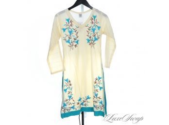 HIGH DETAIL VINTAGE ASHAF CREATIONS EGGSHELL VOILE KURTAH TUNIC W/TURQUOISE  BROWN FLORAL EMBROIDERY S