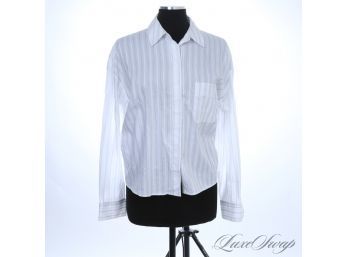 SCHOOLGIRL VIBES : MODERN VINCE WHITE BOXY CUT CROPPED BOYFRIEND SHIRT WITH PINSTRIPES L