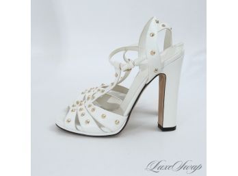 NEAR MINT AND FRICKIN GORGEOUS GUCCI MADE IN ITALY WHITE 'MARGEAUX CALF' GOLD STUDDED STRAPPY SANDALS 38 / 8