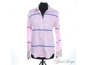THIS IS SUPER FUN! WOMENS TIZZIE PINK AND WHITE GREEK KEY SHIRT WITH CHANEL PERFUME BOTTLE PRINT TRIM L