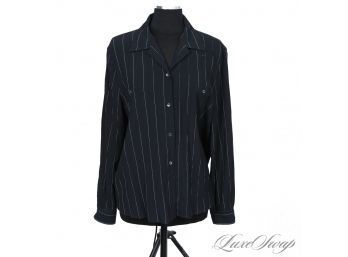 EXPENSIVE GIORGIO ARMANI MADE IN ITALY COLLEZIONI BLACK CRIMPED SHEER WOOL BLEND BLUE PINSTRIPE SHIRT 16