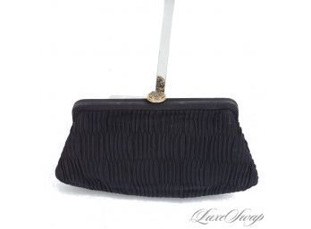 NEAR MINT VINTAGE 1960S BLACK PLEATED CREPE SATIN TOPFRAME EVENING CLUTCH WITH GOLD AND BLUE STONE LOCK