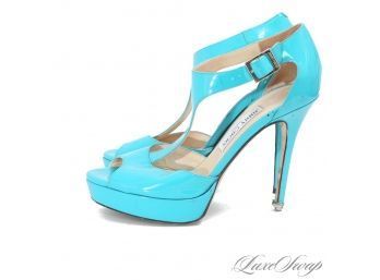 MAJOR MAJOR MAJOR DEAL! JIMMY CHOO MADE IN ITALY 'TOTEM' CARIBBEAN BLUE PATENT LEATHER STRAPPY SHOES 38.5