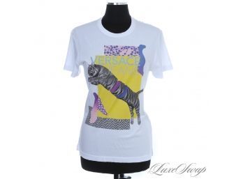BRAND NEW WITH TAGS VERSACE JEANS COUTURE WHITE GRAPHIC TIGER JUMPING GRAPHIC TEE SHIRT XS