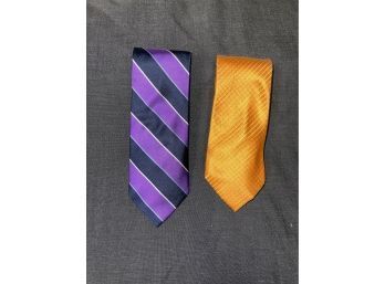 LOT OF TWO NEAR MINT MENS TIES- PURPLE BLACK AND BROWN 1826 REPP STRIPE & ORANGE CHECKERED JOS A. BANK