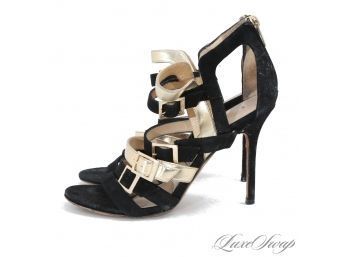 SERIOUS BUSINESS! $925 JIMMY CHOO MADE IN ITALY 'BRONX' BLACK SUEDE AND GOLD LEATHER MULTI STRAP SHOES 38.5