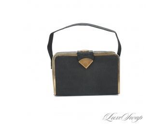 LOVE THIS : VINTAGE 1950S 1960S BLACK GROSGRAIN BAG W/GOLD HARDWARE, COMPACT MIRROR AND COMB ALL ORIGINAL!