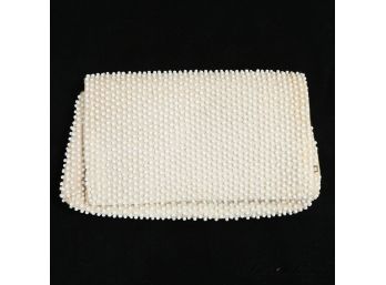 NEAR MINT VINTAGE LINWRED 1950S 1960S IVORY GROSGRAIN FULL EMBROIDERED BUMPY BEADED FOLDOVER CLUTCH BAG