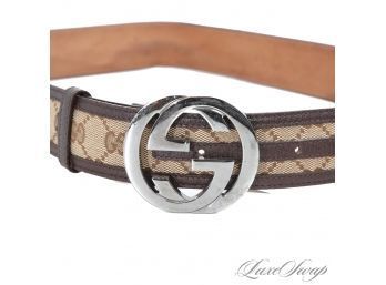 THE ONE EVERYONE WANTS! AUTHENTIC GUCCI MADE IN ITALY BROWN MONOGRAM CANVAS HUGE GG BUCKLE BELT