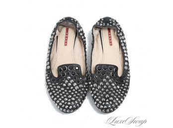 THESE ARE FRICKIN ROCKSTARS! AUTHENTIC PRADA BLACK LEATHER ALLOVER SILVER/BLACK STUDDED FLAT LOAFERS 38 / 8