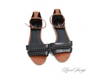 ULTRA RECENT AND MODERN COACH BLACK AND LUGGAGE TAN LEATHER CHAIN STRAP FLAT 'SEABREEZE' SANDALS 8