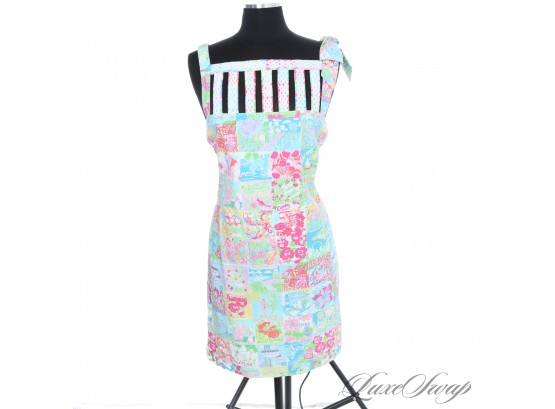 SUPER AWESOME NEAR MINT LILLY PULITZER ALLOVER TRAVEL STAMP LACE CUTOUT CAGE BUST DRESS 14