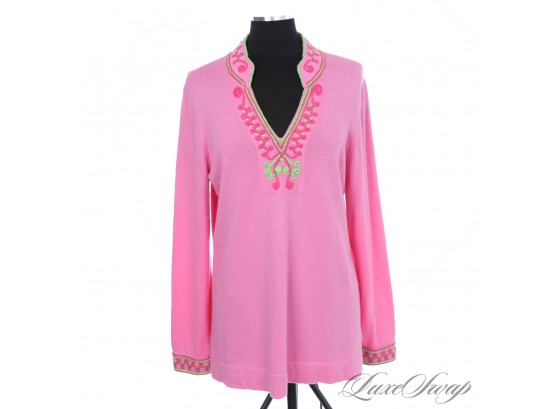 SUMMER LOVIN! NEAR MINT LILLY PULITZER ROSE PINK CASHMERE BLEND GREEN EMBROIDERED TRIM TUNIC CAFTAN XL