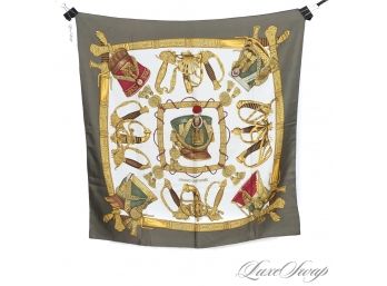 #5 AUTHENTIC HERMES PARIS MADE IN FRANCE 100 SILK 35' SCARF - 'GRAND UNIFORME' GOLD SWORDS AND SABRES