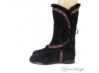 THE STAR OF THE SHOW! BRAND NEW WITHOUT BOX $1000 JIMMY CHOO BLACK SUEDE GENUINE FUR LINED COSSACK BOOTS 40
