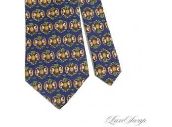 GORGEOUS SALVATORE FERRAGAMO MENS SILK TIE MADE IN ITALY IN NAVY WITH PINEAPPLE AND BIRD PRINT