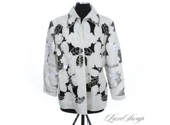 NEAR MINT AND HIGH QUALITY 100 PERCENT THAI SILK BLACK AND WHITE ORNATE FLORAL CHIFFON LACE JACKET XXL