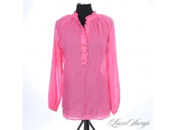 THIS COLOR! NEAR MINT LILLY PULITZER HOT ROSE PINK CHIFFON EYELET SPLIT RUCHED NECK PEASANT BLOUSE XL