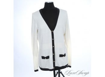 TIMELESS LILLY PULITZER 55 PERCENT SILK (!) WHITE THIN CARDIGAN SWEATER WITH BLACK CONTRAST TRIM XL