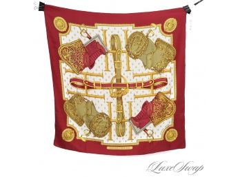 #8 AUTHENTIC HERMES PARIS MADE IN FRANCE 100 SILK 35' SCARF - 'SELLES A HOUSSE' MAROON GOLD GREEN EQUESTRIAN