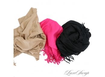 LOT OF 3 ANONYMOUS SOLID NEAR MINT SHAWL WRAP SCARVES IN BLACK, HOT PINK AND CAMEL