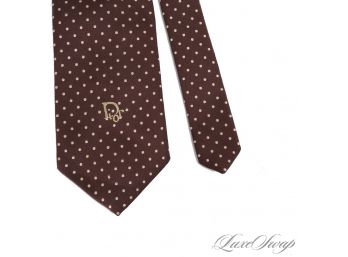 THE ONE EVERYONE WANTS! VINTAGE CHRISTIAN DIOR MENS SILK BLEND CHOCOLATE RIBBED TWILL SPOTTED MONOGRAM TIE