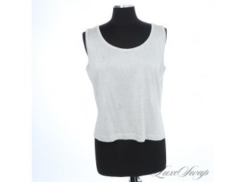 PARTY TIME! ST. JOHN BASICS MADE IN USA SILVER PLATINUM GLITTER INFUSED SHELL SLEEVELESS TOP L