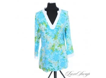 NEAR MINT ICONIC LILLY PULITZER TIFFANY BLUE AND GREEN ALLOVER FLORAL SPLIT NECK TUNIC CAFTAN XL