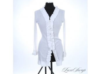 TRULY BEAUTIFUL ANNE FONTAINE PARIS WHITE STRETCH COTTON RIBBED LONG CARDIGAN WITH RUFFLE TRIM 40