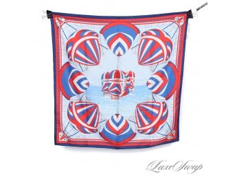 #2 AUTHENTIC HERMES PARIS MADE IN FRANCE 100 SILK 35' SCARF - 'SPINNAKERS' J. ABADIE RED WHITE BLUE NAUTICAL
