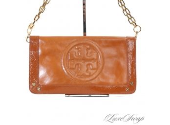BRAND NEW!!! UNUSED TORY BURCH CARAMEL BROWN LEATHER AND PATENT TRIM GOLD CHAIN LARGE 12' FLAP BAG