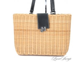 NEAR MINT NANTUCKET READY LAMBERTSON TRUEX MADE IN ITALY LARGE 14' RIGID WICKER STRAW TOTE WITH BLACK LEATHER