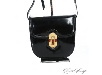 NEAR MINT IN BOX POSSIBLY NEW SUSAN GAIL MADE IN ITALY BLACK POLISHED LEATHER GOLD HW CROSSBODY BAROQUE BAG