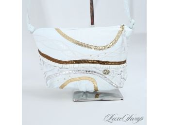 BRAND NEW WITHOUT TAGS MINT UNWORN CARLO FIORE VINTAGE WHITE LEATHER RUCHED METALLIC SNAKESKIN TASSEL BAG