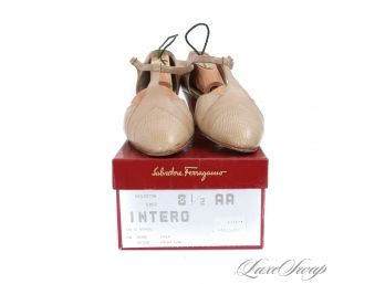 WITH BOX AND SHOE TREES! EXOTIC SALVATORE FERRAGAMO 'INTERO' BONE BEIGE LIZARD SKIN AND LEATHER SHOES 8.5 AA