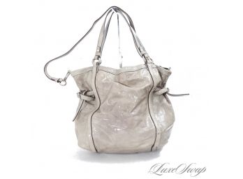 #6 RECENT AND NEAR MINT COACH A1173-17066 OYSTER PUTTY PATENT LEATHER X-LARGE 13' PERFORATED MONOGRAM BAG