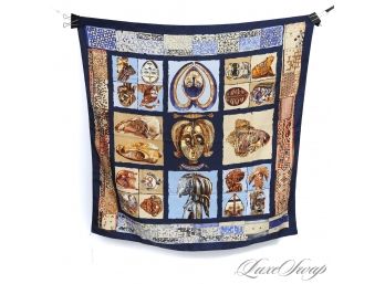 #1 AUTHENTIC HERMES PARIS MADE IN FRANCE 100 SILK 35' SCARF - 'PERSONA' LOIC DUBIGNON AFRICAN MASKS