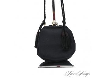 NEAR MINT AND LIKELY UNWORN WITH ORIGINAL BOX JUDITH LEIBER BLACK SATIN KISSLOCK EVENING BAG WITH ROPE STRAP