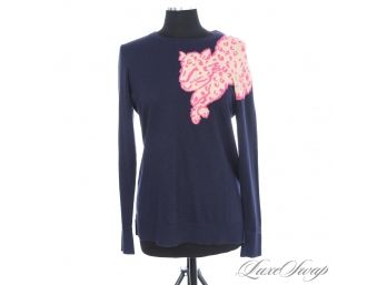 NEAR MINT AND FALL PERFECT LILLY PULITZER STRETCH WOOL NAVY PINK AND GOLD CROUCHING CHEETAH SWEATER XL