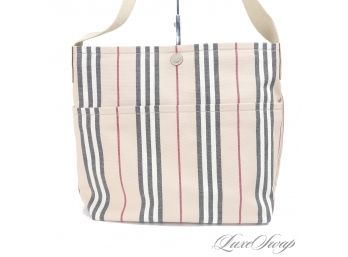 THE STAR OF THE SHOW! MINT MINT AND POSSIBLY UNWORN AUTHENTIC BURBERRY HUGE 16' CANVAS NOVA STRIPE TOTE BAG