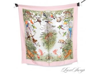 #7 AUTHENTIC HERMES PARIS MADE IN FRANCE 100 SILK 35' SCARF - 'EQUATEUR' PINK ANIMAL JUNGLE PRINT