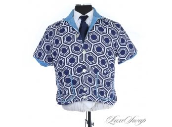 LOVE LOVE LOVE THIS VINTAGE 1970S MENS BREEZY POINT BLUE AND WHITE TERRYCLOTH LINED HEXAGON APRES POOL SHIRT