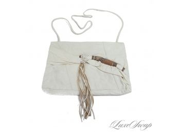 NEAR MINT POSSIBLY UNUSED IVORY TOOLED LEATHER WITH BROWN WRAP DETAIL AND TASSELS WITH HARDFRAME TOP