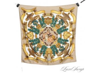 #6 AUTHENTIC HERMES PARIS MADE IN FRANCE 100 SILK 35' SCARF - 'EUROPE' GOLD BAROQUE AND CHERUBS